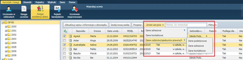 Ewidencja uczniów Grupowa zmiana danych Sekretarz ma możliwość grupowej zmiany danych adresowych, kontaktowych oraz danych opiekunów.