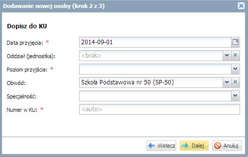 Ewidencja uczniów Pole Pseudonim wypełnia się w przypadku uczniów, którzy mają takie same imię i nazwisko w celu ich odróżnienia. Kliknąć przycisk Dalej i wypełnić drugą część formularza Dopisz do KU.