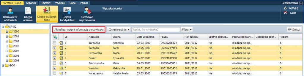 Ewidencja uczniów Aktualizowanie wpisów o spełnianiu obowiązku szkolnego Aby aktualizować wpis o spełnianiu obowiązku szkolnego należy: Wybrać jednostkę w drzewie danych. Zaznaczyć uczniów.