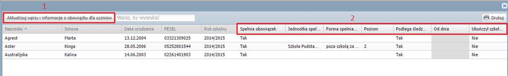 Zaktualizować wpisy: - automatycznie- klikając przycisk Aktualizuj brakujące wpisy obowiązku dla uczniów (1), Automatyczna aktualizacja jest możliwa jedynie w przypadku braku wpisów polach do edycji