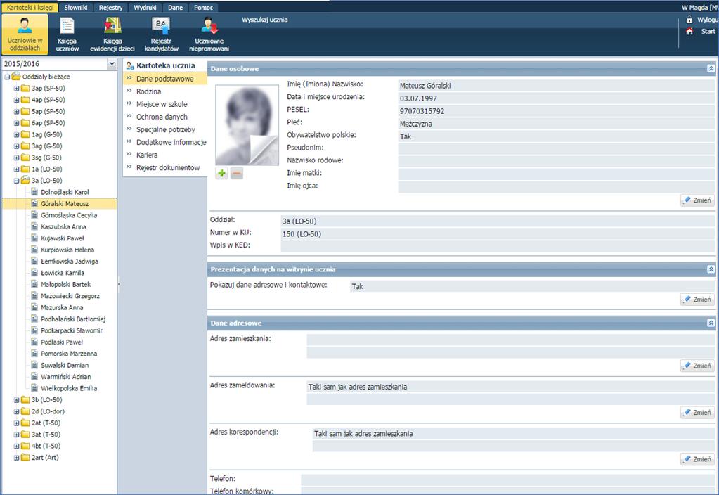 Ewidencja uczniów Kartoteka ucznia W kartotece gromadzi się wszystkie informacje dotyczące ucznia.