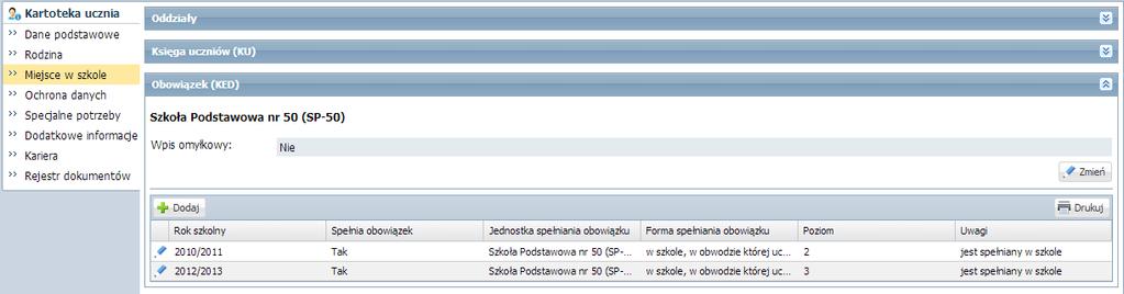 Ewidencja uczniów podstawowej i gimnazjum odnotowuje się wszystkie informacje o przypisaniu ucznia do obwodu szkolnego oraz o zmianach w spełnianiu obowiązku szkolnego.