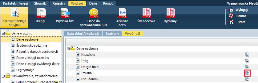 Sporządzanie wydruków Drukowanie gotowego szablonu Aby wydrukować dokument należy: Przejść do widoku Wydruki/ Korespondencja seryjna. Wybrać szablon w drzewie.