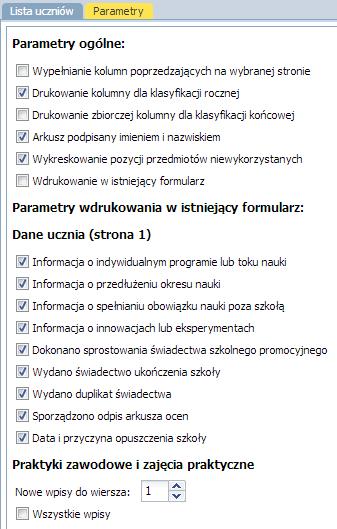 Sporządzanie wydruków Na zakładce Lista uczniów wypełnić puste pola. Zaznaczyć przy nazwisku wybranych uczniów. Kliknąć przycisk Drukuj.