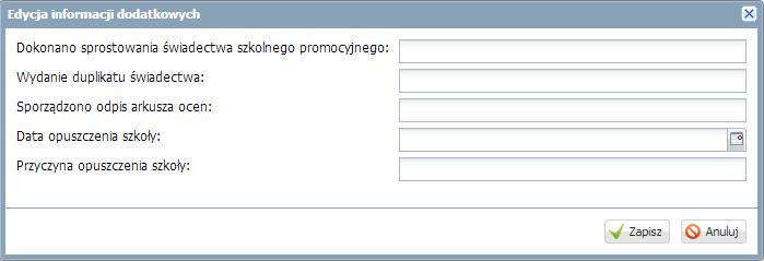 Aby edytować dane należy: Kliknąć ikonę przy nazwisku wybranego ucznia. Wypełnić puste pola w oknie Edycja informacji dodatkowych.