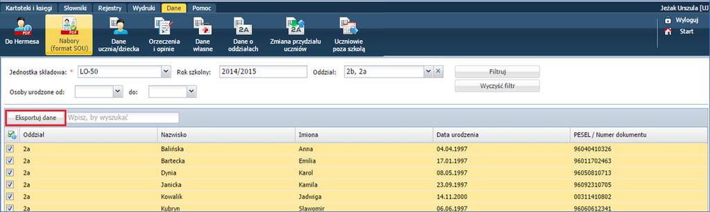 Wymiana danych z innymi programami Export danych do programu Nabory Do programu Nabory eksportowane są dane o uczniu: dane podstawowe, dane rodziców/opiekunów prawnych, informacje o środowisku