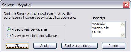 8. Należy kliknąć przycisk Rozwiąż, aby Solver rozpoczął pracę nad zadaniem. Wynik jego obliczeń pokaże okno dialogowe. 9.