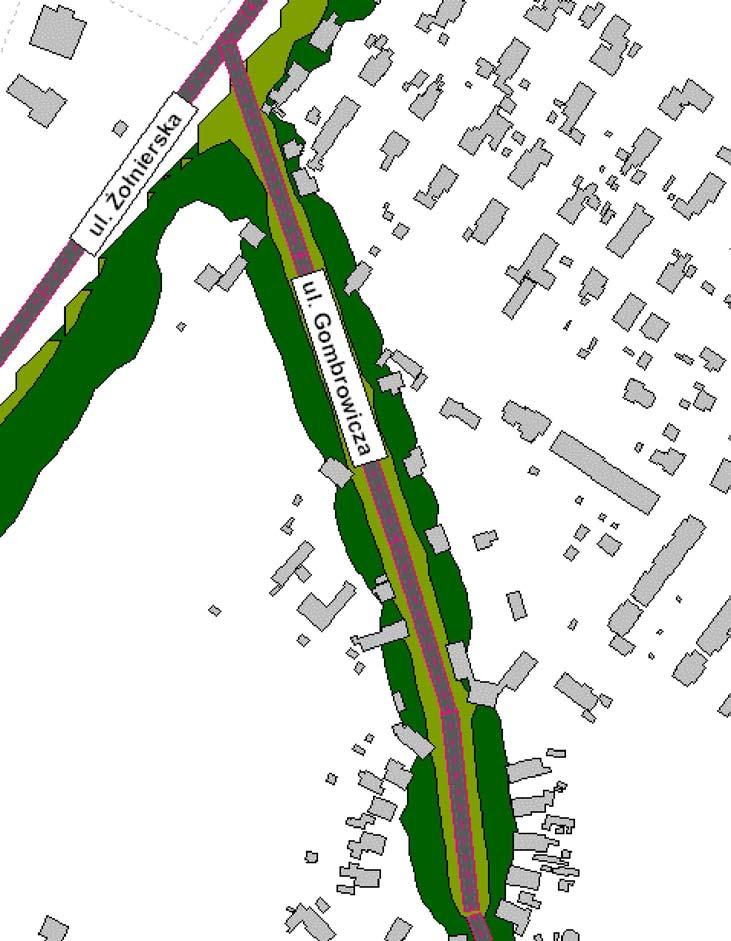 Obszar przekroczenia obejmuje miejscami pierwszą linię zabudowy lub opiera się miejscami o elewacje od strony ulicy. Przy części budynków występuje przekroczenie większe niż 5 db. Ul.