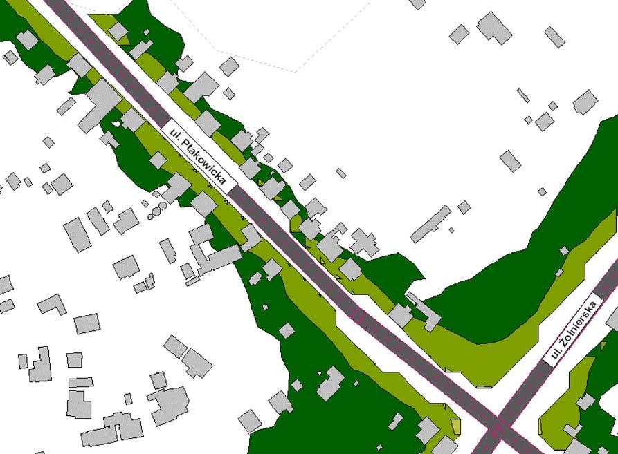 Ul. Ptakowicka od ul. Żołnierskiej do zachodniej granicy miasta Obszar przekroczenia obejmuje miejscami pierwszą linię zabudowy lub opiera się miejscami o elewacje od strony ulicy.