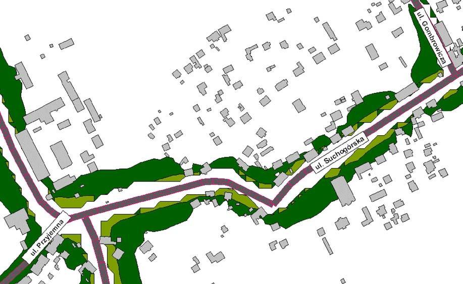 Ul. Suchogórska od ul. Przyjemnej do ul. Gombrowicza Obszar przekroczenia obejmuje miejscami pierwszą linię zabudowy lub opiera się miejscami o elewacje od strony ulicy.