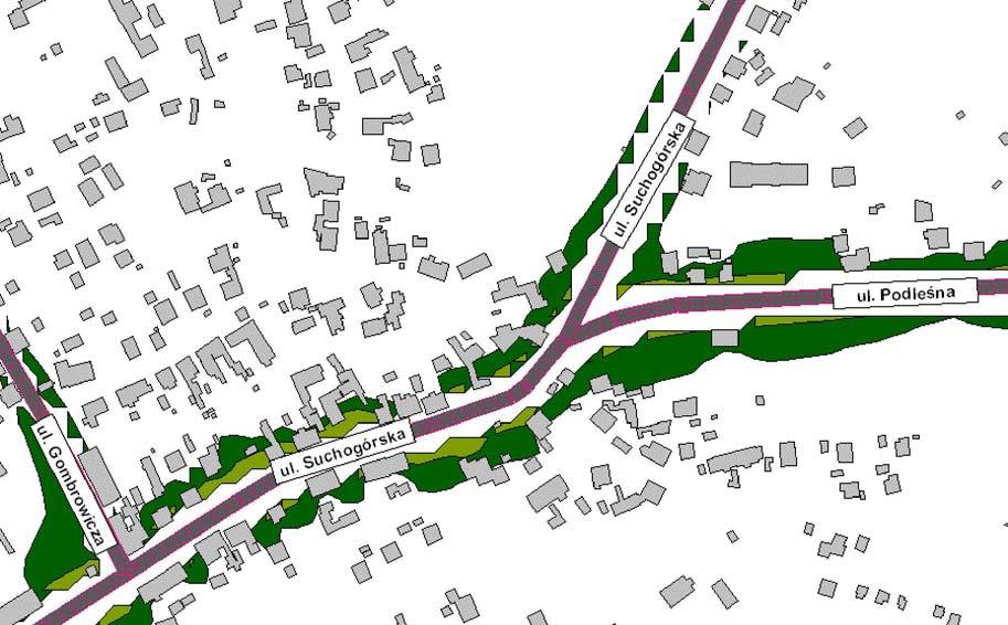 Ul. Suchogórska od ul. Gombrowicza do ul. Podleśnej Obszar przekroczenia obejmuje miejscami pierwszą linię zabudowy lub opiera się miejscami o elewacje od strony ulicy.