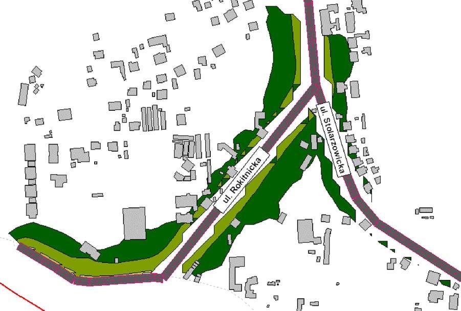 Ul. Rokitnicka rejon skrzyżowania z ul. Stolarzowicką Obszar przekroczenia obejmuje miejscami pierwszą linię zabudowy lub opiera się miejscami o elewacje od strony ulicy.