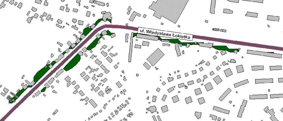 Ul. Władysława Łokietka Obszar przekroczenia obejmuje miejscami pierwszą linię zabudowy lub opiera się miejscami o elewacje od strony ulicy.