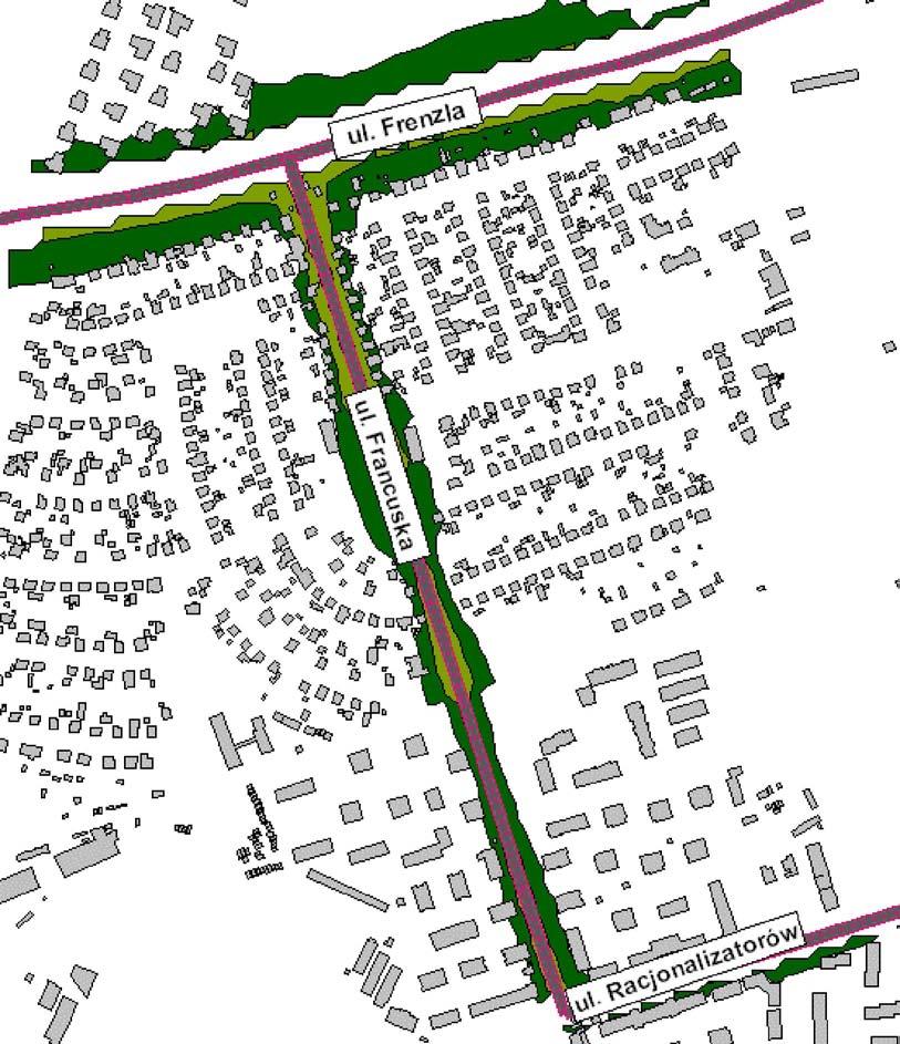 Obszar przekroczenia obejmuje miejscami pierwszą linię zabudowy lub opiera się miejscami o elewacje od strony ulicy. Przy części budynków występuje przekroczenie większe niż 5 db.