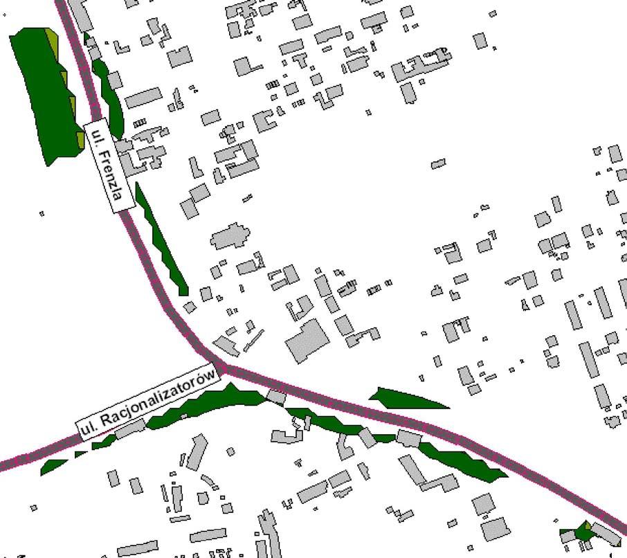 Rejon skrzyżowania ulic Frenzla i Racjonalizatorów Obszar przekroczenia obejmuje miejscami pierwszą linię zabudowy lub opiera się miejscami o elewacje od strony ulicy.