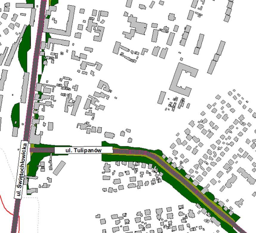 Ul. Tulipanów i rejon skrzyżowania z ul. Świętochłowicką Obszar przekroczenia sięga pierwszej linii zabudowy i opiera się o elewacje od strony ulicy.