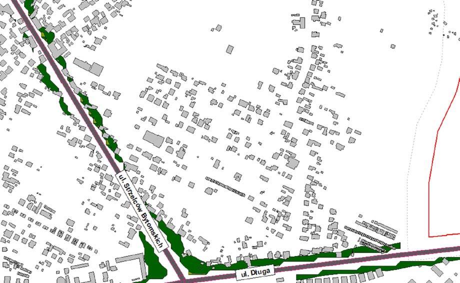 Rejon ulic Strzelców Bytomskich i Dlugiej Obszar przekroczenia obejmuje miejscami pierwszą linię zabudowy lub opiera się miejscami o elewacje od strony ulicy.