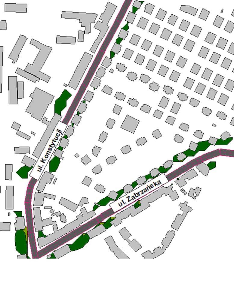Obszar przekroczenia obejmuje miejscami pierwszą linię zabudowy lub opiera się miejscami o elewacje od strony ulicy.