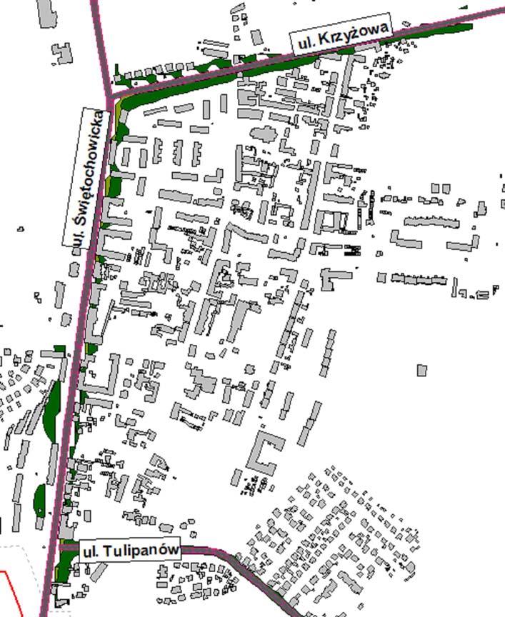 Ul. Krzyżowa i ul. Świętochowicka od ul. Krzyżowej do ul. Tulipanów Obszar przekroczenia obejmuje pierwszą linię zabudowy lub opiera się miejscami o elewacje od strony ulicy.