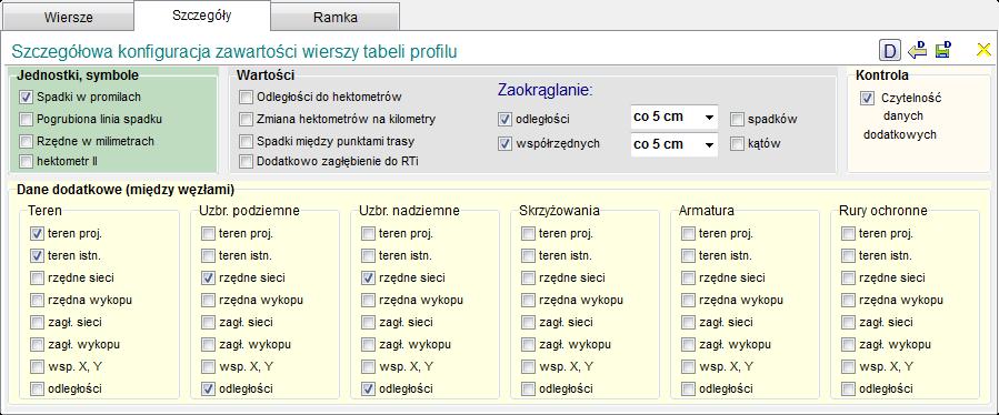 Szczegóły szczegółowa konfiguracja zawartości wierszy tabeli profilu Konfiguracja projektu Jednostki, symbole Spadki w promilach (domyślnie w procentach) Pogrubiona linia spadku (opcja rysunkowa)