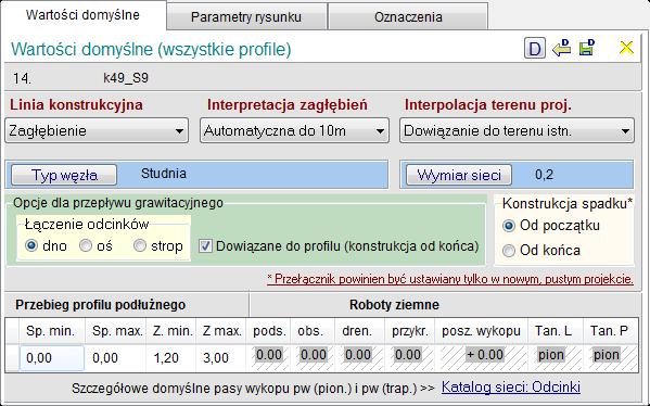 USTAWIENIA PROJEKTU (jednocześnie dla Planu i Profilu) Wartości domyślne projektu Pasek informacji zawierający dane z tabeli