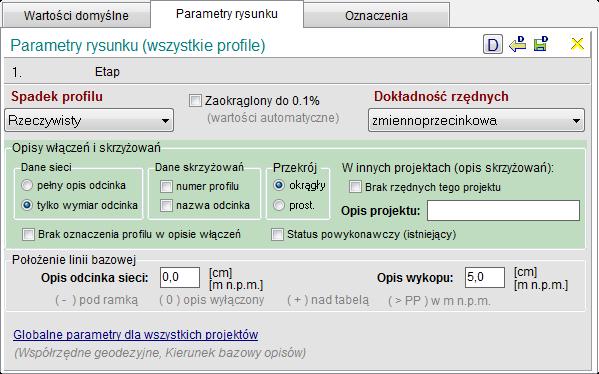 Parametry projektu Spadek pokazany w tabeli profilu Rzeczywisty, Wyliczony Zaokrąglony do 0.1% (wartości automatyczne).