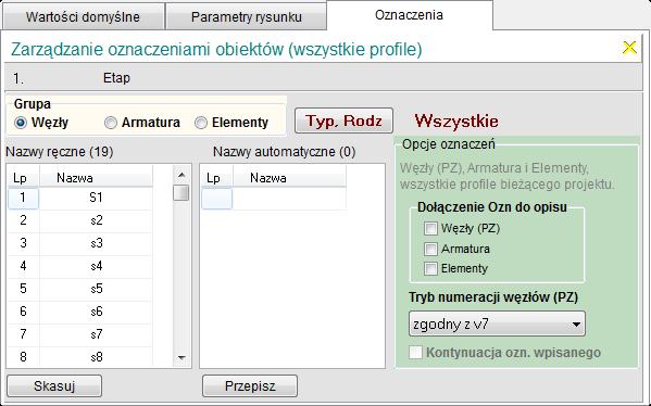 Oznaczenia Tabela Nazwy ręczne Tabela Nazwy automatyczne Grupa oznaczeń (Węzły i Armatura posiadają wspólną numerację) Węzły Dołączenie Ozn do opisu o Armatura Węzły (PZ) o Elementy o Armatura o