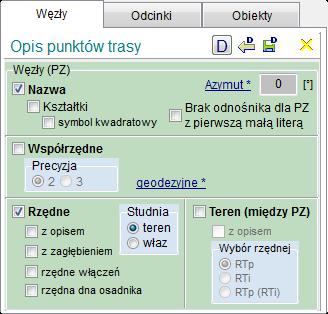 OPCJE (przy włączonym Planie) Węzły Opcje umożliwiające ustalenie zawartości opisów sieci: Węzły (punkty trasy): Nazwa węzła włączenie/wyłączenie Kształtki (osobna opcja dla zasuw, trójników, złączek