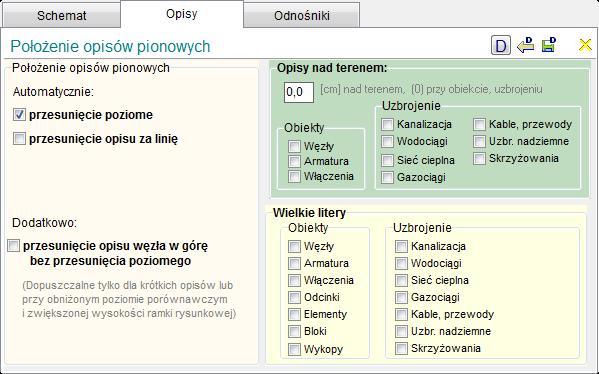 Opisy zarządzanie opisami pionowymi Opcje umożliwiające zmianę położenia i stylu wykonania opisów pionowych nad tabelą profilu.