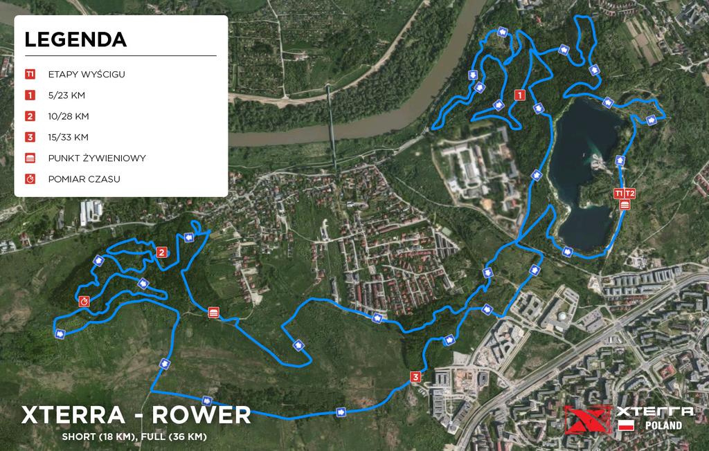 11 ETAP 2 Jazda na rowerze Długość trasy rowerowej XTERRA POLAND wynosi 36 km dwie pętle. Długość trasy rowerowej XTERRA Short wynosi 18 km jedna pętla.