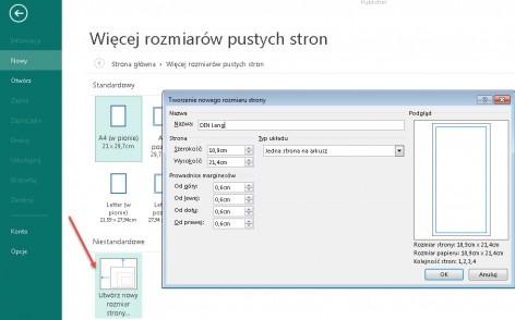 Następnie otworzy się następujące okienko dialogowe. Format końcowy ulotki podłużnej DIN możesz pobrać z naszej strony produktu z zakładki "Szczegóły" i wynosi on 10,5 cm x 21,0 cm.