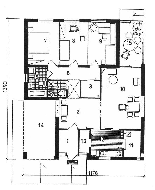 PRZEPISY OGÓLNE Rys. I. 2. Przyk³ad podzia³u pomieszczeñ wed³ug 3 w budynku jednorodzinnym (proj. arch. W. orzeniewski).