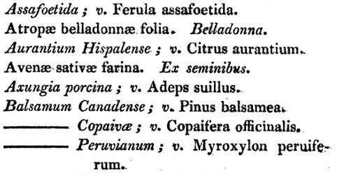 43. Fragmenty synonimizowanego spisu materii medycznej w PH. NOS. EDINB. 1817:1 15. Ryc. 44.