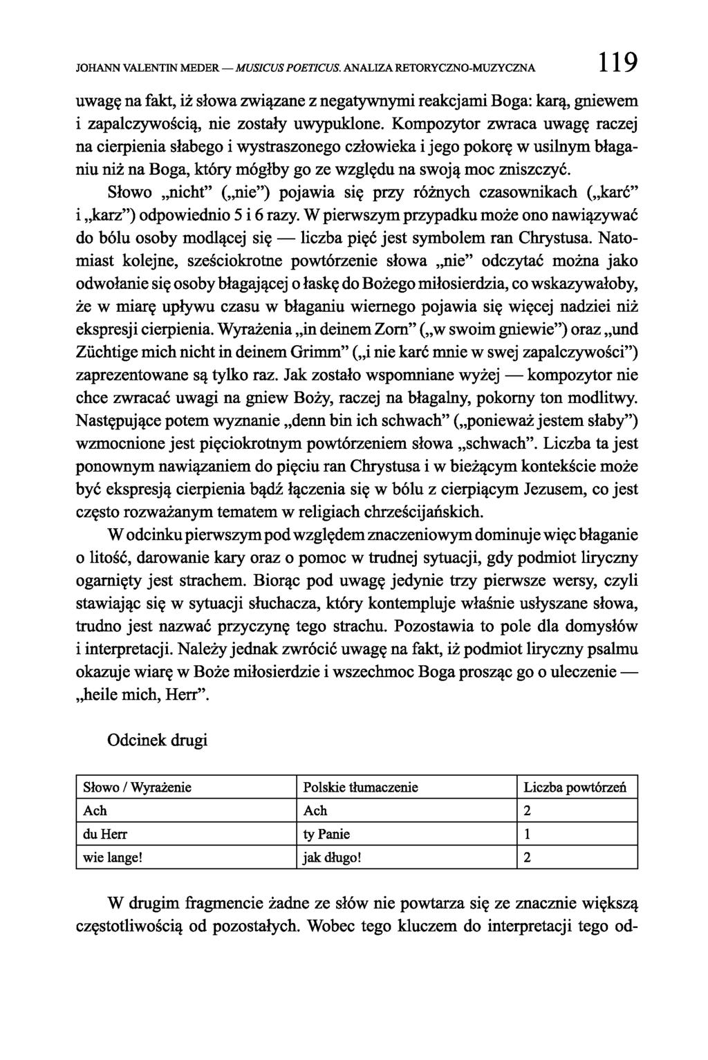 JOHANN VALENTIN MEDER MUSICUS POETICUS. ANALIZA RETORYCZNO-MUZYCZNA 119 uwagę na fakt, iż słowa związane z negatywnymi reakcjami Boga: karą, gniewem i zapalczywością, nie zostały uwypuklone.