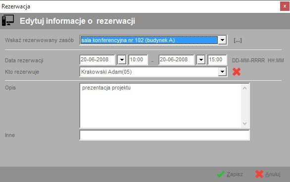 Opis znaczenia poszczególnych pól: Nazwa pola wskaż rezerwowany zasób O T Rodzaj lista Komentarz Rezerwowany zasób wybierany ze słownika zasobów.