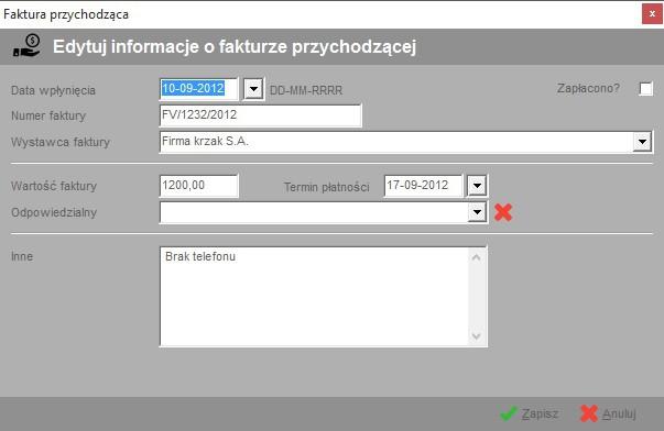 16. Rejestr faktur przychodzących Rejestr służy do śledzenia faktur kosztowych, jakie nadchodzą do firmy.