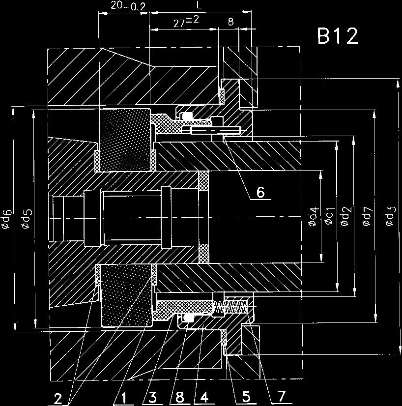 A12, A13, B12 Pojedyncze uszczelnienie mechaniczne, odciążone, z mieszkiem z PTFE, wielosprężynkowe, niezależne od kierunku obrotów wału. Ciśnienie pmax 1.