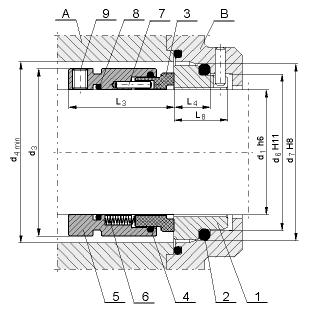 EN 12756 US2 Pojedyncze uszczelnienie mechaniczne, odciążone, wielosprężynkowe, niezależne od kierunku obrotów. Ciśnienie pmax 2.