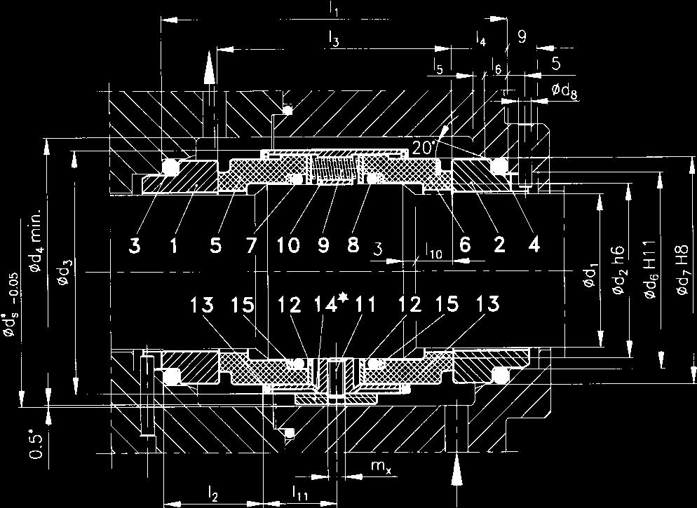 1. Pierścień stały 2. Pierścień stały 3. O-ring 4. O-ring 5. Pierścień obrotowy 6. Pierścień obrotowy 7. O-ring 8. O-ring ** - Wersja z pierścieniem pompującym wymuszającym przepływ cieczy zaporowej.