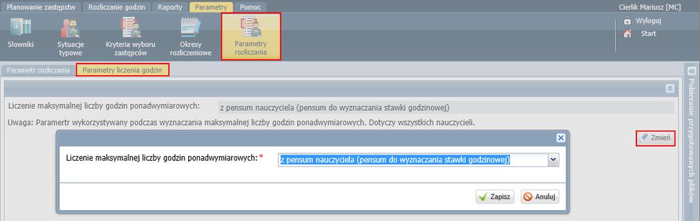 Na karcie Parametry liczenia godzin można ustalić sposób wyznaczania maksymalnej liczby godzin ponadwymiarowych (z pensum nauczyciela lub z pensum przedmiotów). 2.