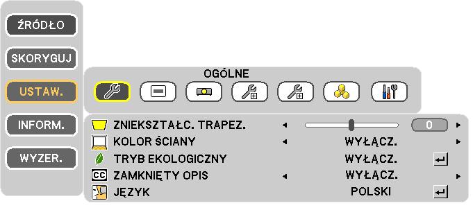 4. Przydatne funkcje Menu ekranowe obrazów trójwymiarowych Aby wyświetlić menu ekranowe obrazów trójwymiarowych, należy wykonać poniższe czynności. 1. Naciśnij przycisk MENU. Pojawi się menu ekranowe.