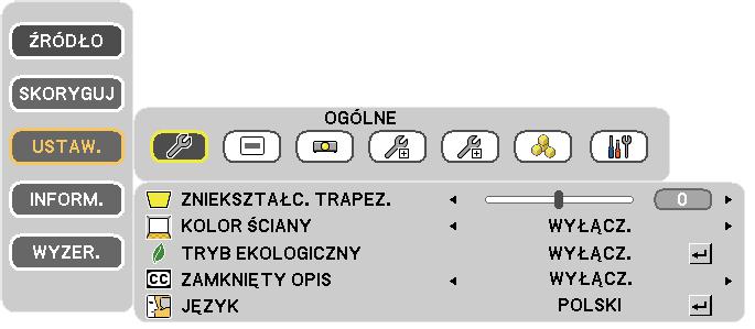 Podświetlony trójkąt oznacza aktywny element. Naciśnij przycisk lub na pilocie zdalnego sterowania. Karta...Oznacza grupę funkcji w oknie dialogowym.