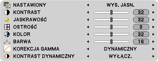 5. Za pomocą menu ekranowego ❺ Opis menu i funkcji: [SKORYGUJ] [OBRAZ] [NASTAWIONY] Ta funkcja pozwala na wybranie zoptymalizowanych ustawień wyświetlanego obrazu.