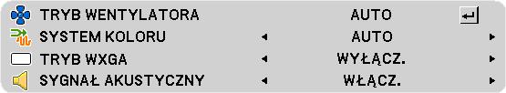 5. Za pomocą menu ekranowego [OPCJE(1)] [VE280X/VE280] [VE281X/VE281/VE282X/VE282] Wybieranie trybu pracy wentylatora [TRYB WENTYLATORA] Za pomocą tej opcji można wybrać jeden z trzech trybów obrotów