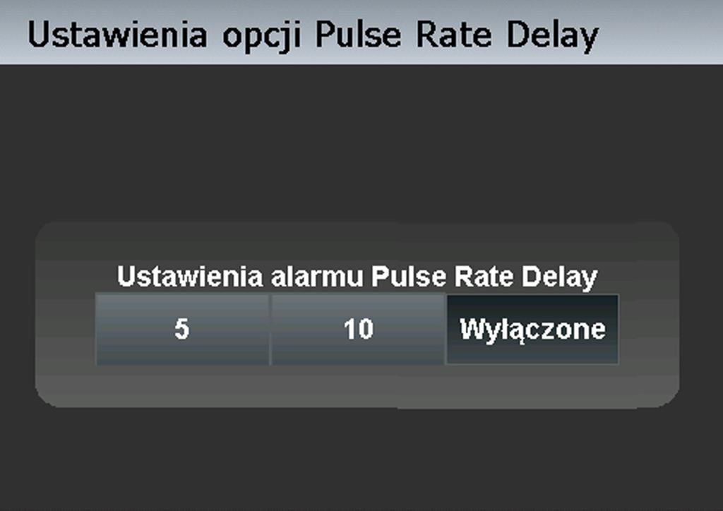 Interfejs użytkownika Ustawianie Pulse Rate Delay 1. W trybie normalnym monitorowania naciśnij MENU. 2. Naciśnij LIMITY ALARMOWE. 3. Naciśnij OPÓŹNIENIE CZĘSTOŚCI TĘTNA. 4. Wybierz żądane opóźnienie.