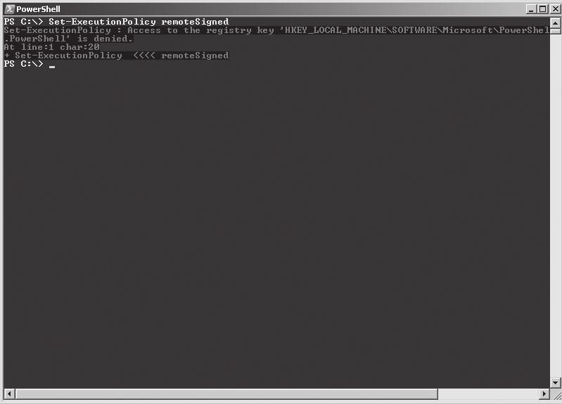 42 Windows PowerShell przewodnik po skryptach Należy zdawać sobie sprawę, że w systemie Windows Vista dostęp do kluczy rejestru zawierających ustawienia zasady wykonywania skryptów jest ograniczony.