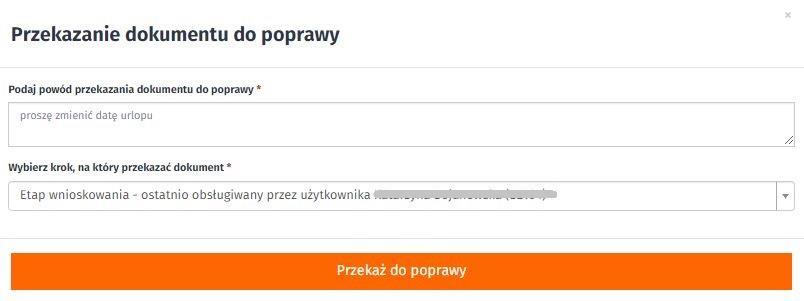 Wniosek urlopowy urlop wypoczynkowy Akceptacja bezpośredniego przełożonego: okno Przekazanie dokumentu do poprawy - przykład Akceptuję pod względem merytorycznym i wyrażam zgodę na urlop Gdy