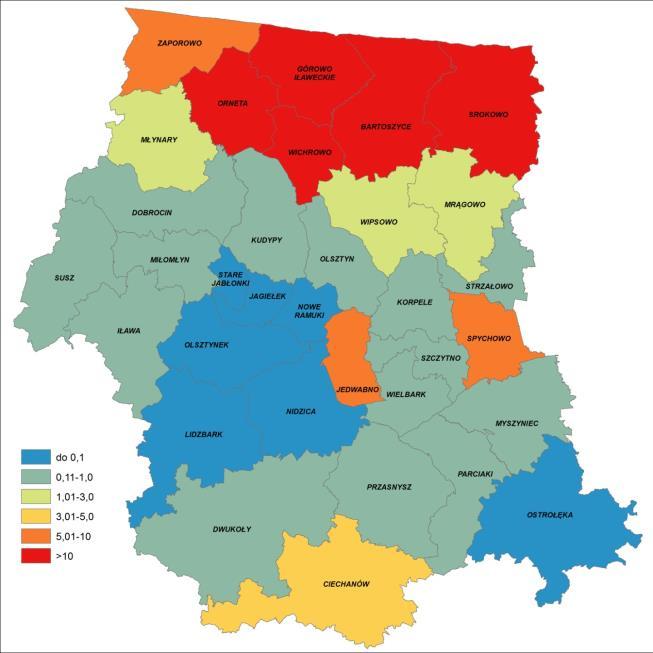 Szkody bobrowe na 1 ha w nadleśnictwach RDLP Olsztyn (216 r.