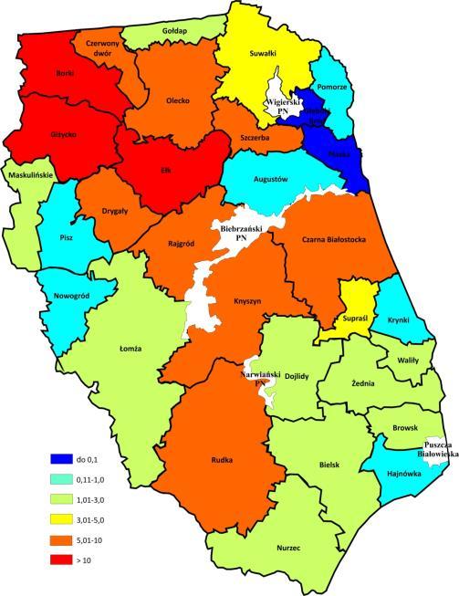 Szkody bobrowe na 1 ha w nadleśnictwach RDLP Białystok (216 r.