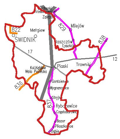 Program Ochrony Środowiska dla Powiatu Świdnickiego na lata 2017-2020 Rysunek 3 Rozmieszczenie dróg krajowych i wojewódzkich na terenie powiatu świdnickiego (źródło: http://www.zdw.lublin.